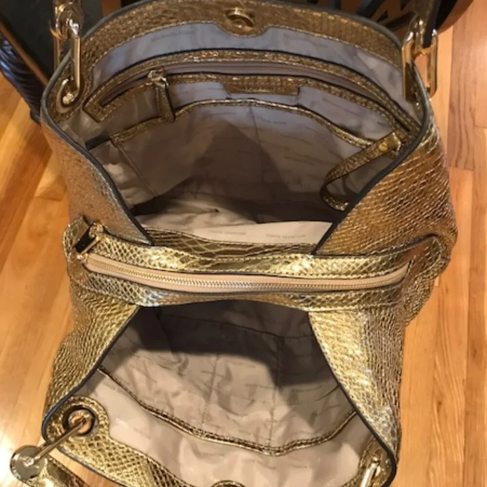 Michael Kors Raven Gold Metallic Embossed Shoulder Bag Tote - Picture 5 of 8